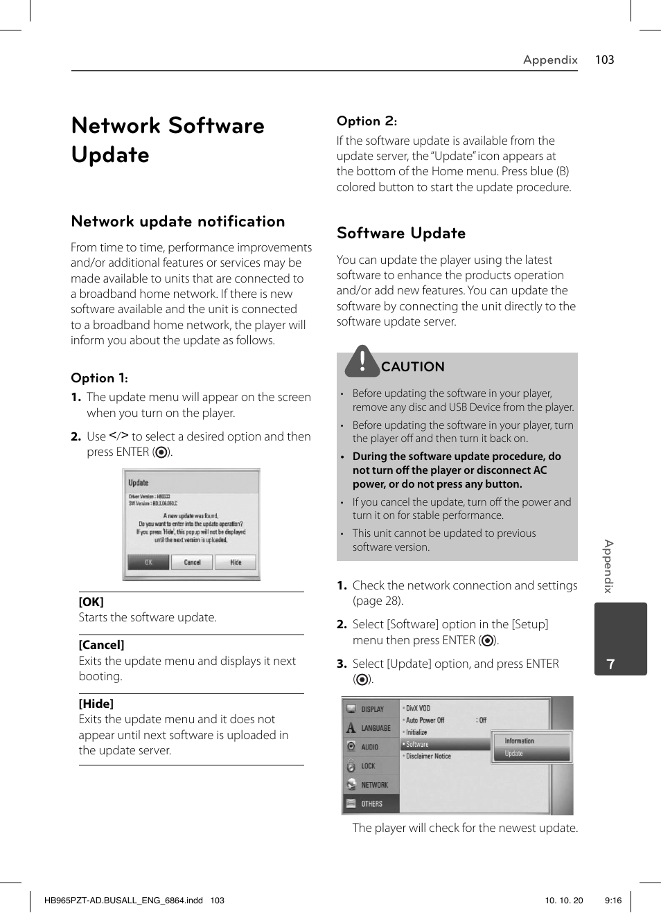 Network software update, Network update notiﬁ cation, Software update | LG LHB975 User Manual | Page 103 / 116