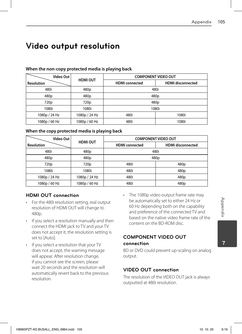 Video output resolution, Hdmi out connection, Component video out connection | Video out connection | LG LHB975 User Manual | Page 105 / 116