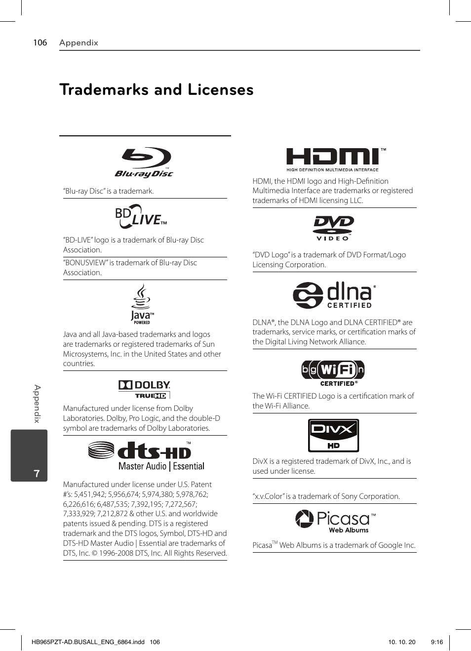 Trademarks and licenses | LG LHB975 User Manual | Page 106 / 116