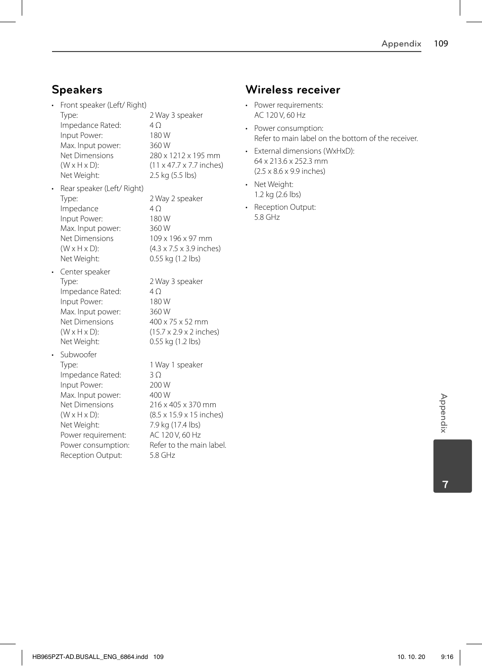 Speakers, Wireless receiver | LG LHB975 User Manual | Page 109 / 116