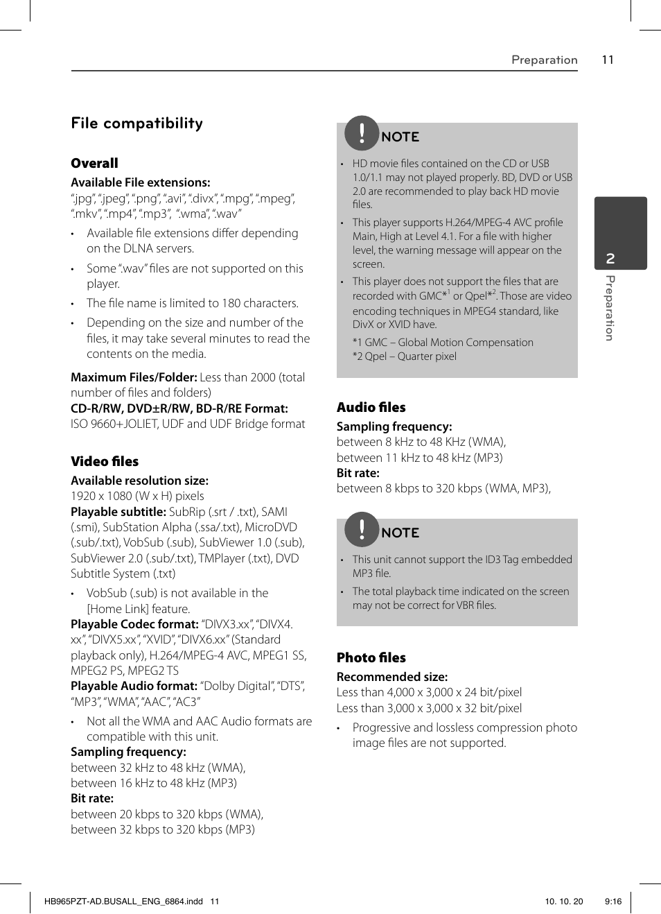 File compatibility | LG LHB975 User Manual | Page 11 / 116