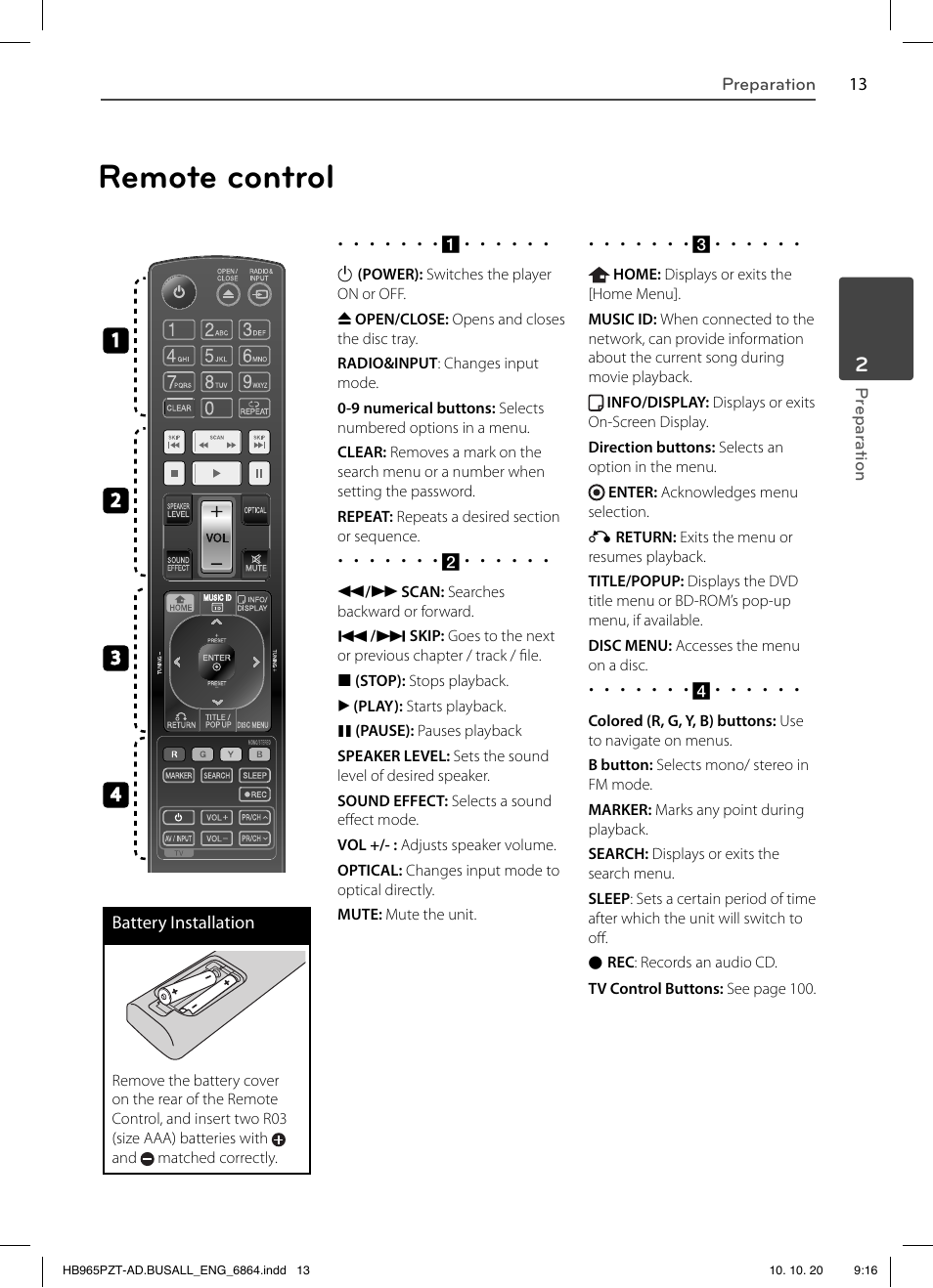 Remote control | LG LHB975 User Manual | Page 13 / 116