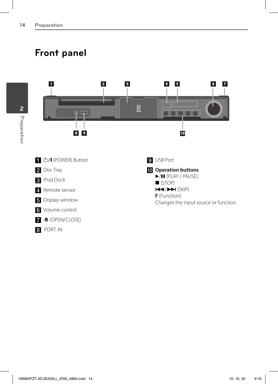 Front panel, 14 preparation pr eparation, Play / pause) | Stop) | LG LHB975 User Manual | Page 14 / 116