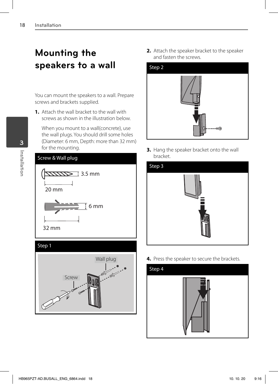 Mounting the speakers to a wall | LG LHB975 User Manual | Page 18 / 116