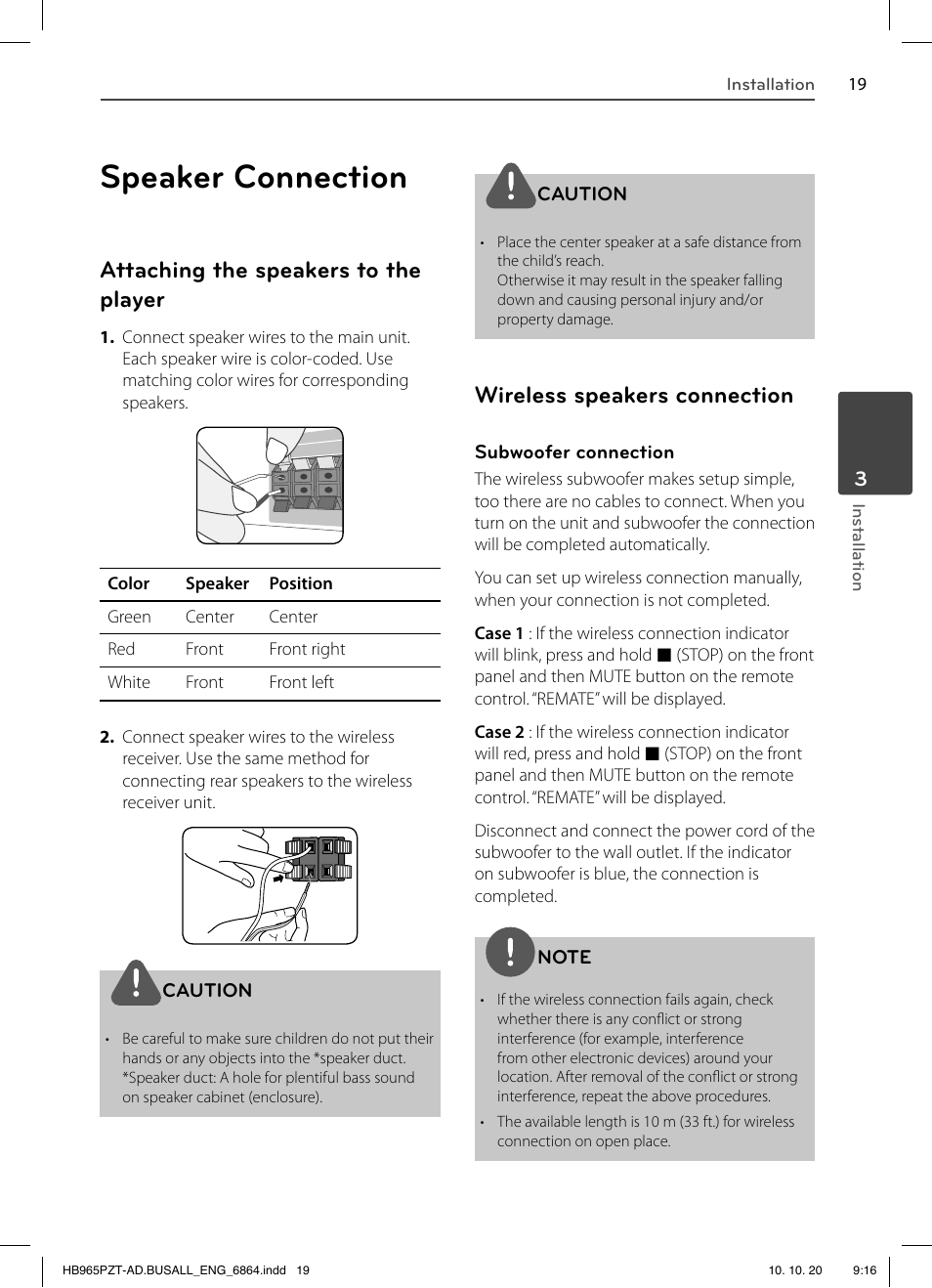 Speaker connection, Attaching the speakers to the player, Wireless speakers connection | LG LHB975 User Manual | Page 19 / 116