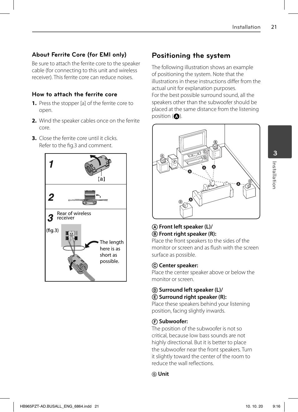 Positioning the system, About ferrite core (for emi only), How to attach the ferrite core | LG LHB975 User Manual | Page 21 / 116