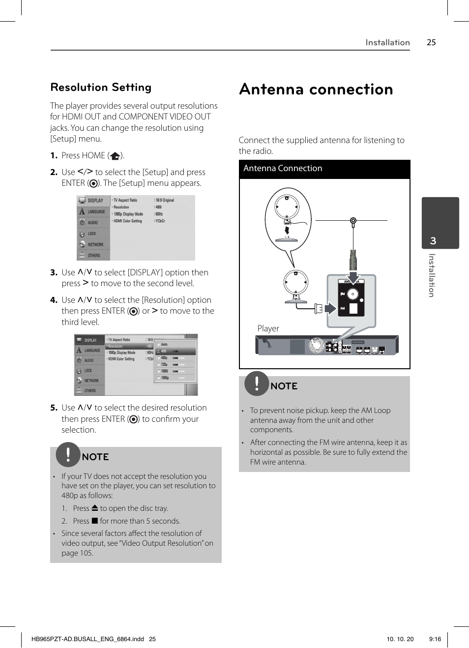 Antenna connection, Resolution setting | LG LHB975 User Manual | Page 25 / 116