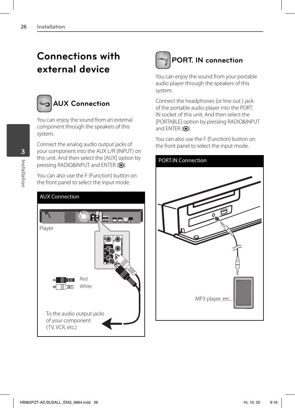 Connections with external device, Aux connection, Port. in connection | LG LHB975 User Manual | Page 26 / 116