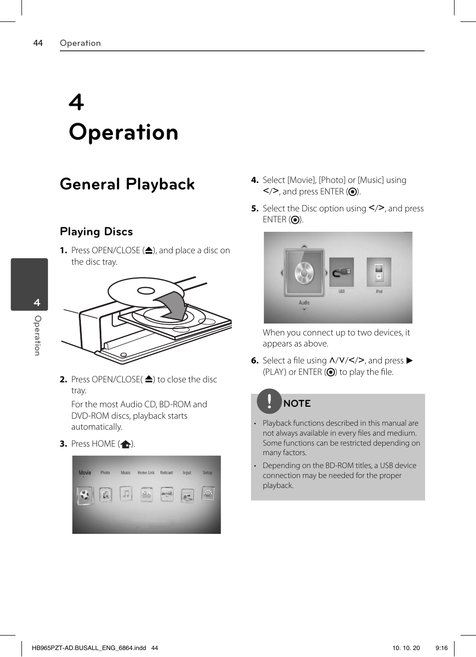 4 operation, General playback, Playing discs | LG LHB975 User Manual | Page 44 / 116