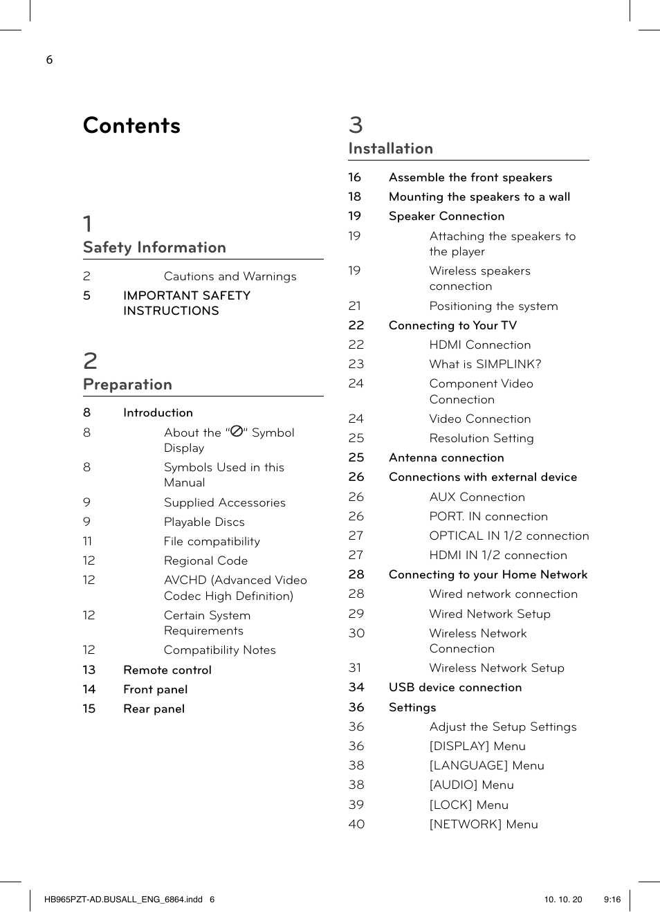 Contents 1, Safety information, Preparation | Installation | LG LHB975 User Manual | Page 6 / 116