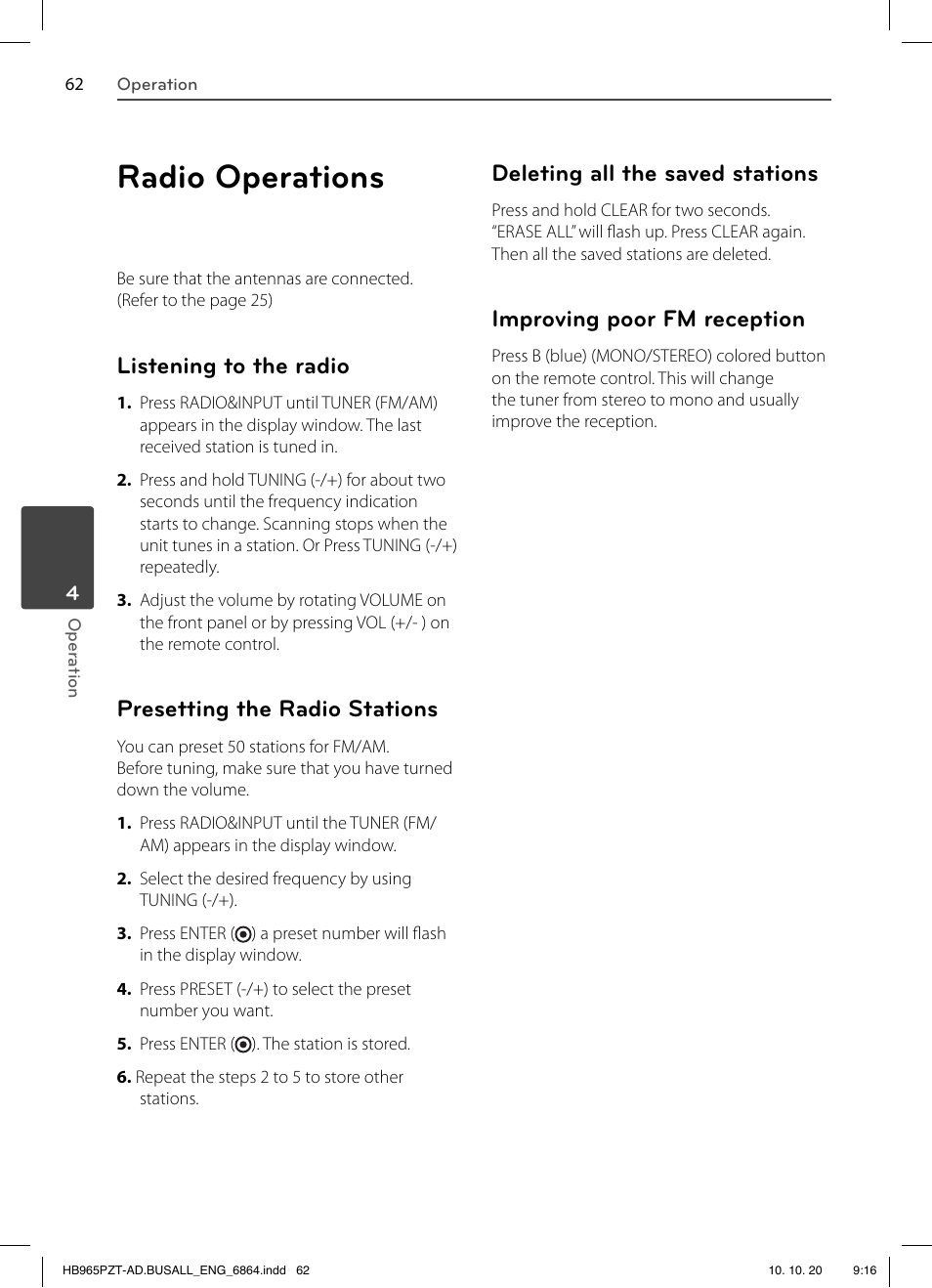 Radio operations, Listening to the radio, Presetting the radio stations | Deleting all the saved stations, Improving poor fm reception | LG LHB975 User Manual | Page 62 / 116