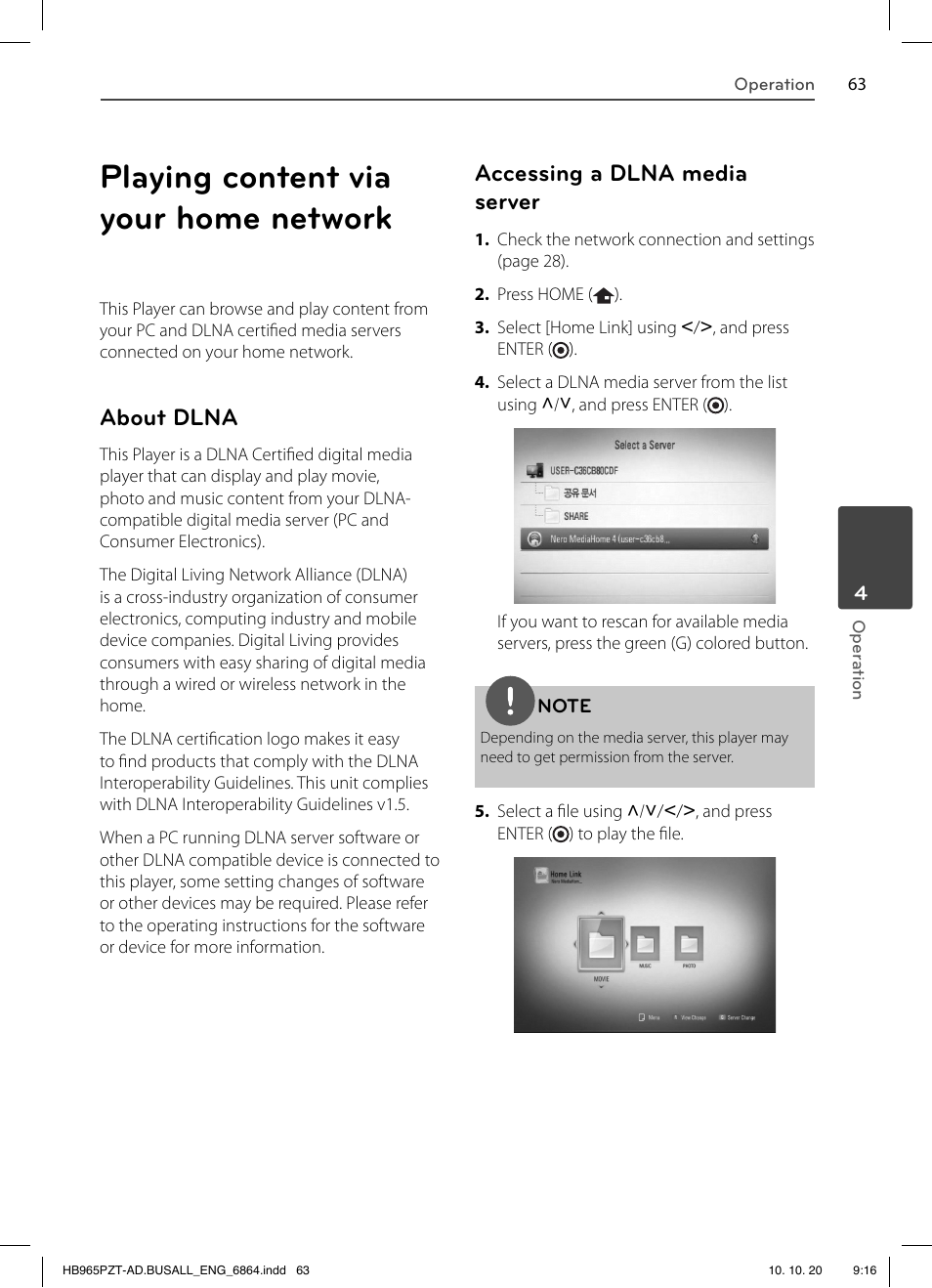 Playing content via your home network, About dlna, Accessing a dlna media server | LG LHB975 User Manual | Page 63 / 116