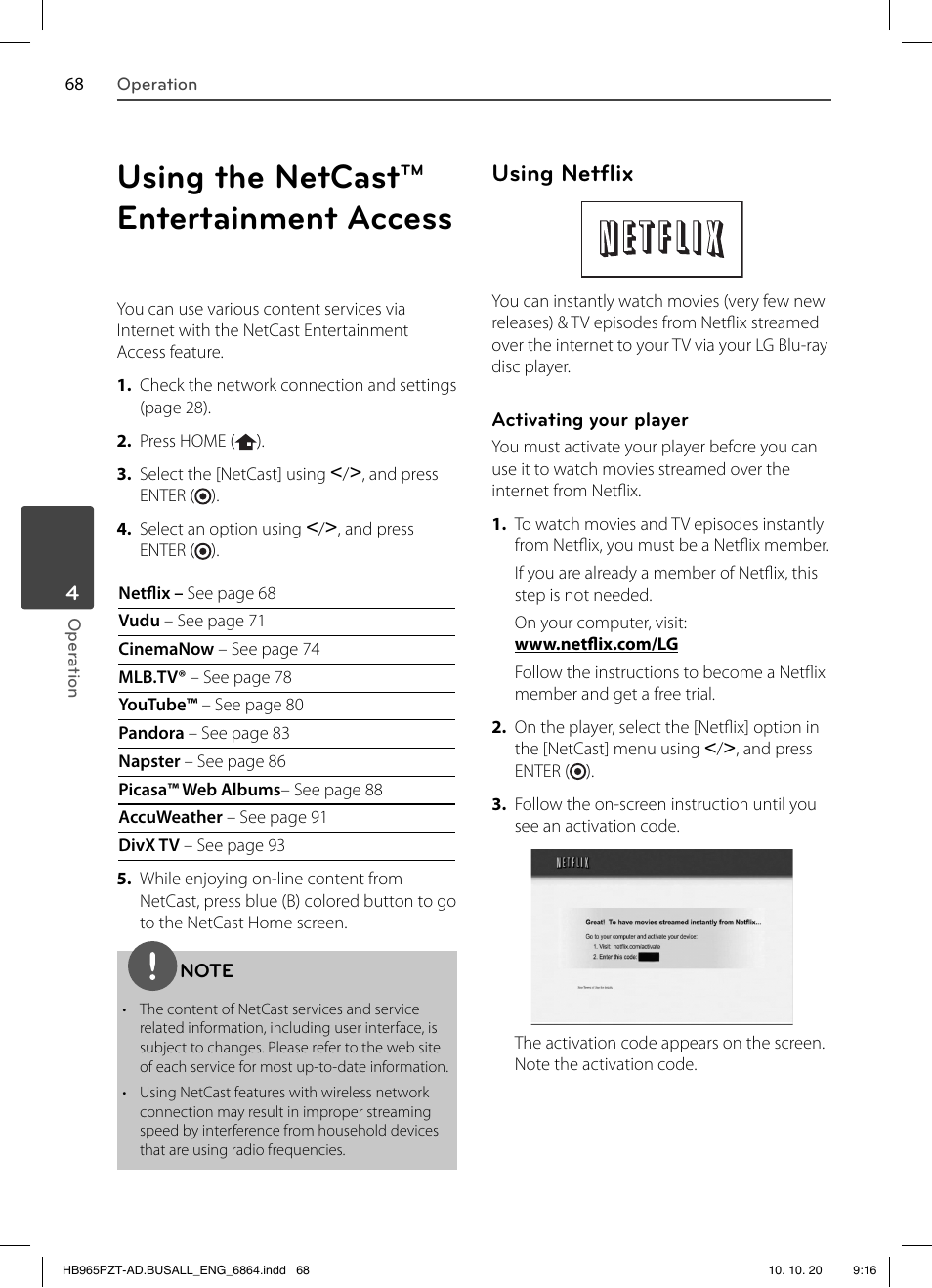 Using the netcast™ entertainment access, Using netﬂ ix | LG LHB975 User Manual | Page 68 / 116