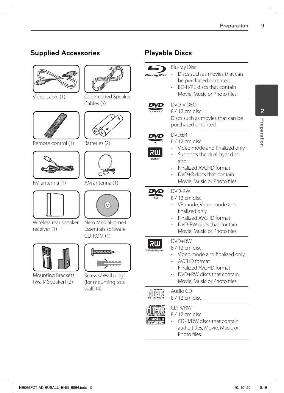 Supplied accessories, Playable discs | LG LHB975 User Manual | Page 9 / 116
