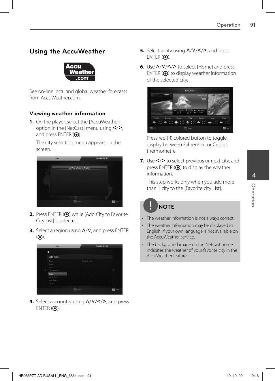 Using the accuweather | LG LHB975 User Manual | Page 91 / 116
