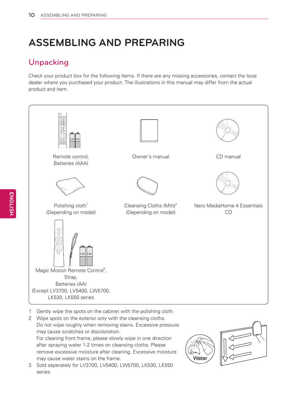 Assembling and preparing, Unpacking, 10 assembling and preparing | English | LG 47LV5500 User Manual | Page 10 / 166