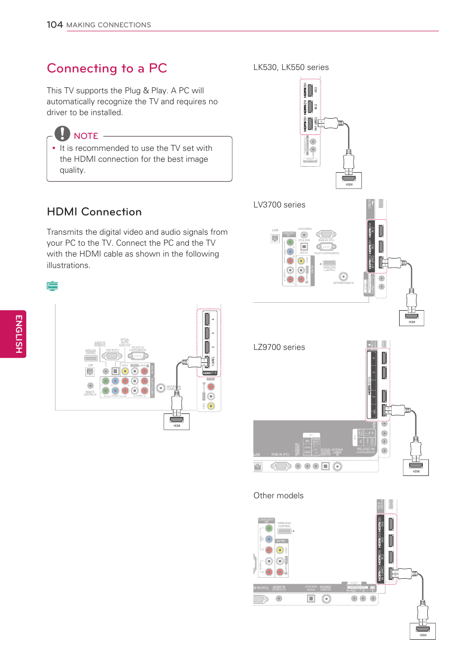 Connecting to a pc, Hdmi connection, 104 connecting to a pc 104 - hdmi connection | English, Making connections | LG 47LV5500 User Manual | Page 104 / 166