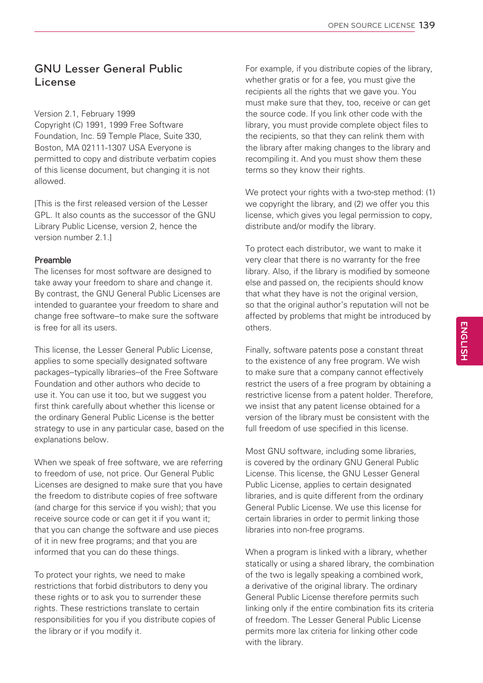Gnu lesser general public license | LG 47LV5500 User Manual | Page 139 / 166
