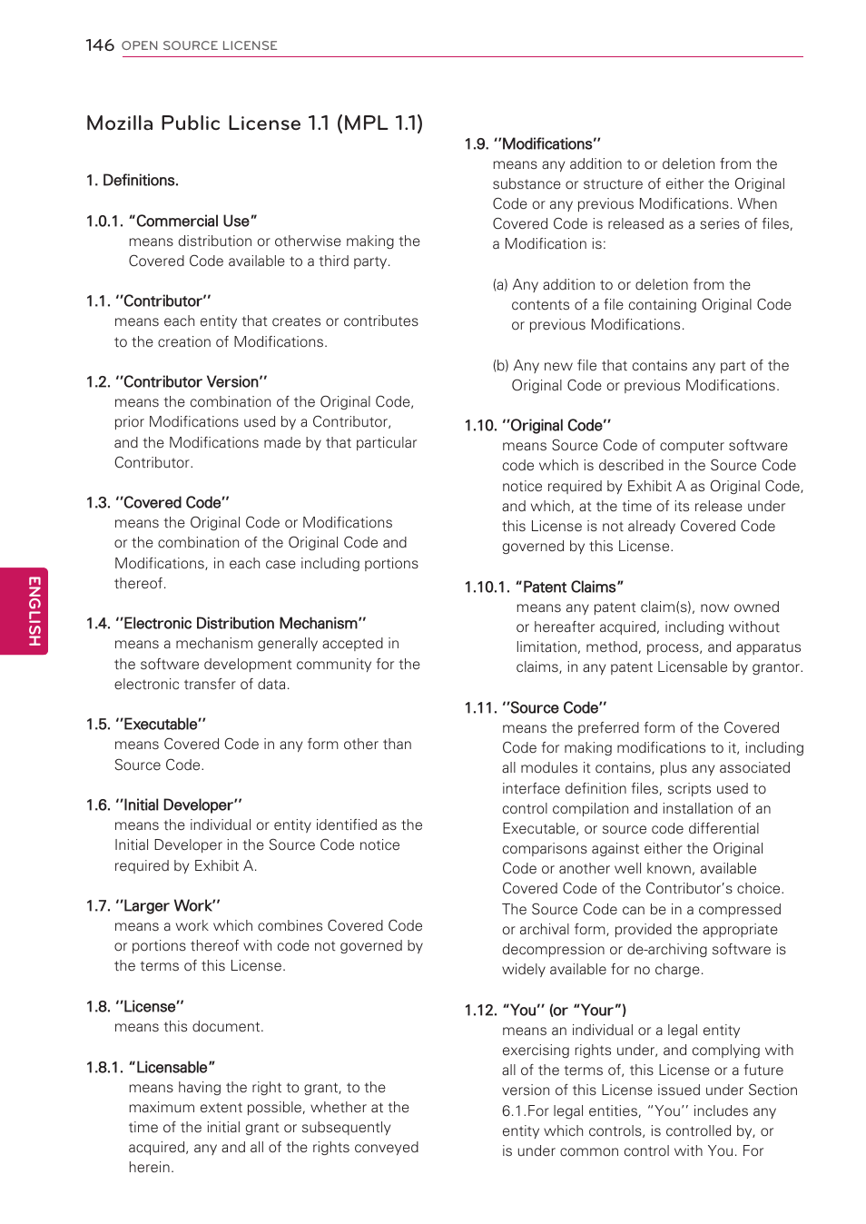 Mozilla public license 1.1 (mpl 1.1) | LG 47LV5500 User Manual | Page 146 / 166