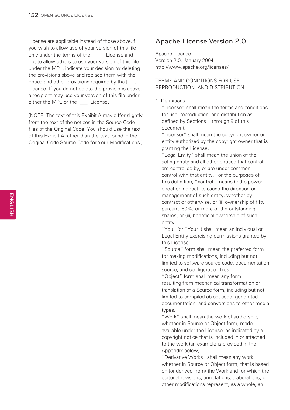 Apache license version 2.0 | LG 47LV5500 User Manual | Page 152 / 166