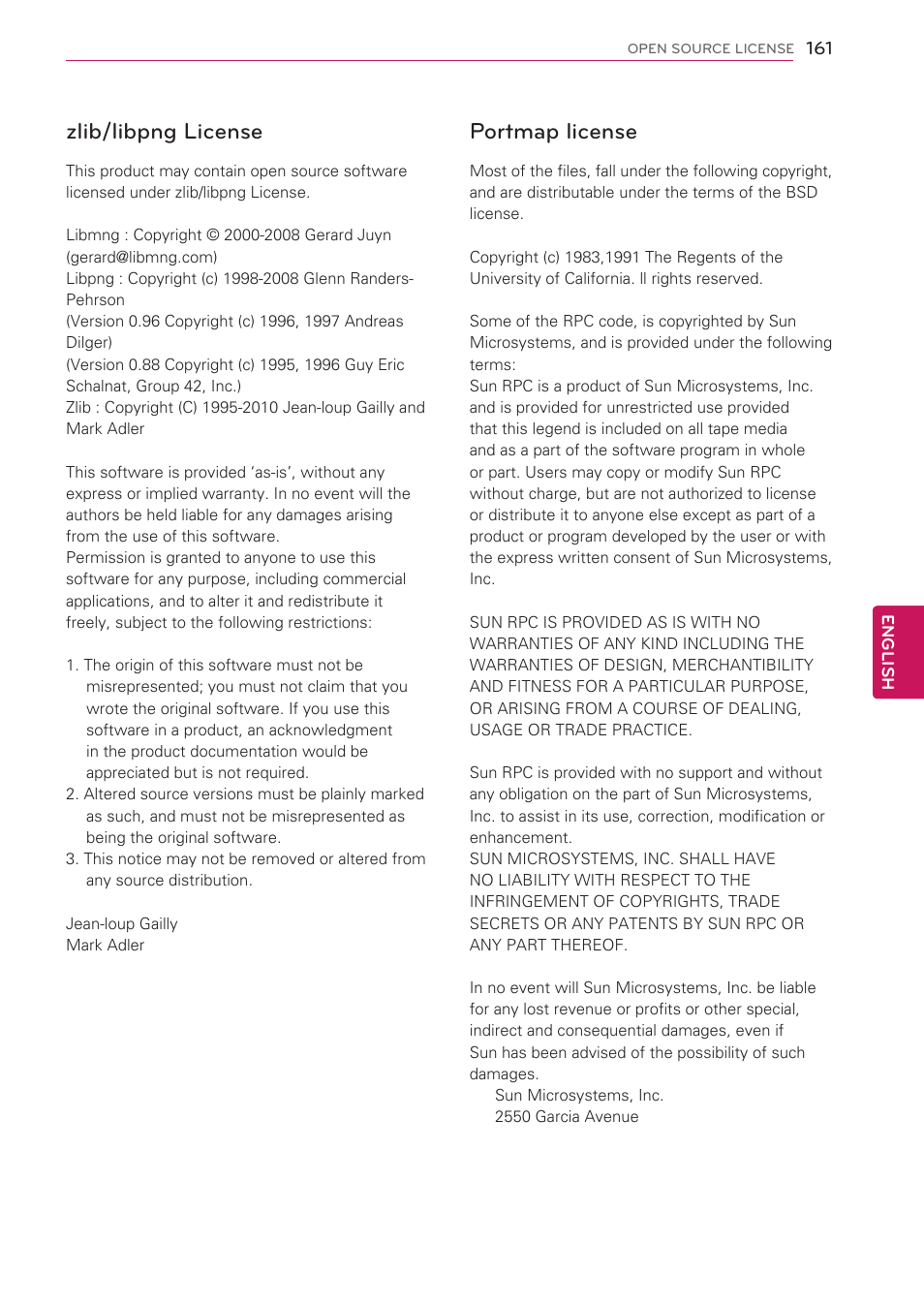 Zlib/libpng license, Portmap license | LG 47LV5500 User Manual | Page 161 / 166