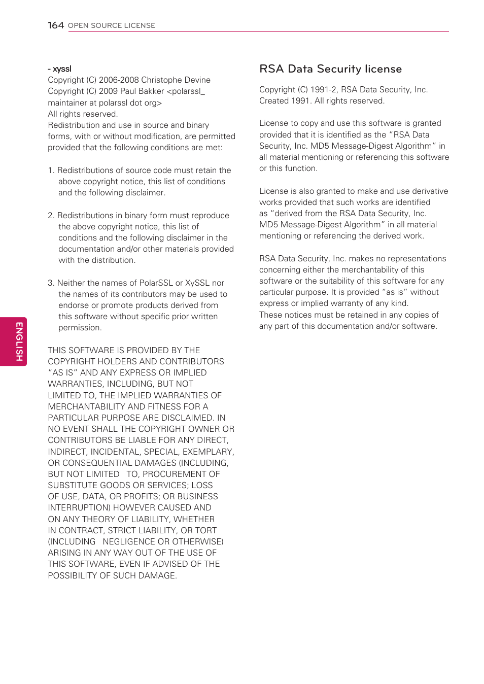 Rsa data security license | LG 47LV5500 User Manual | Page 164 / 166