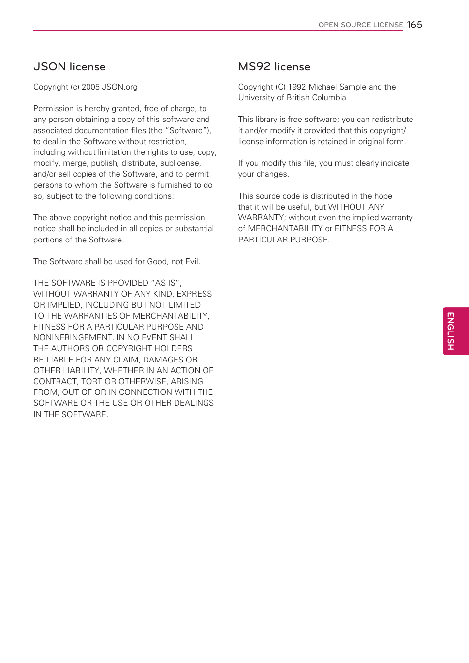 Json license, Ms92 license | LG 47LV5500 User Manual | Page 165 / 166