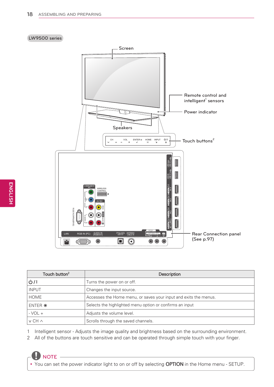 English, Lw9500 series, Speakers screen touch buttons | Sensors power indicator, Touch button, Assembling and preparing | LG 47LV5500 User Manual | Page 18 / 166