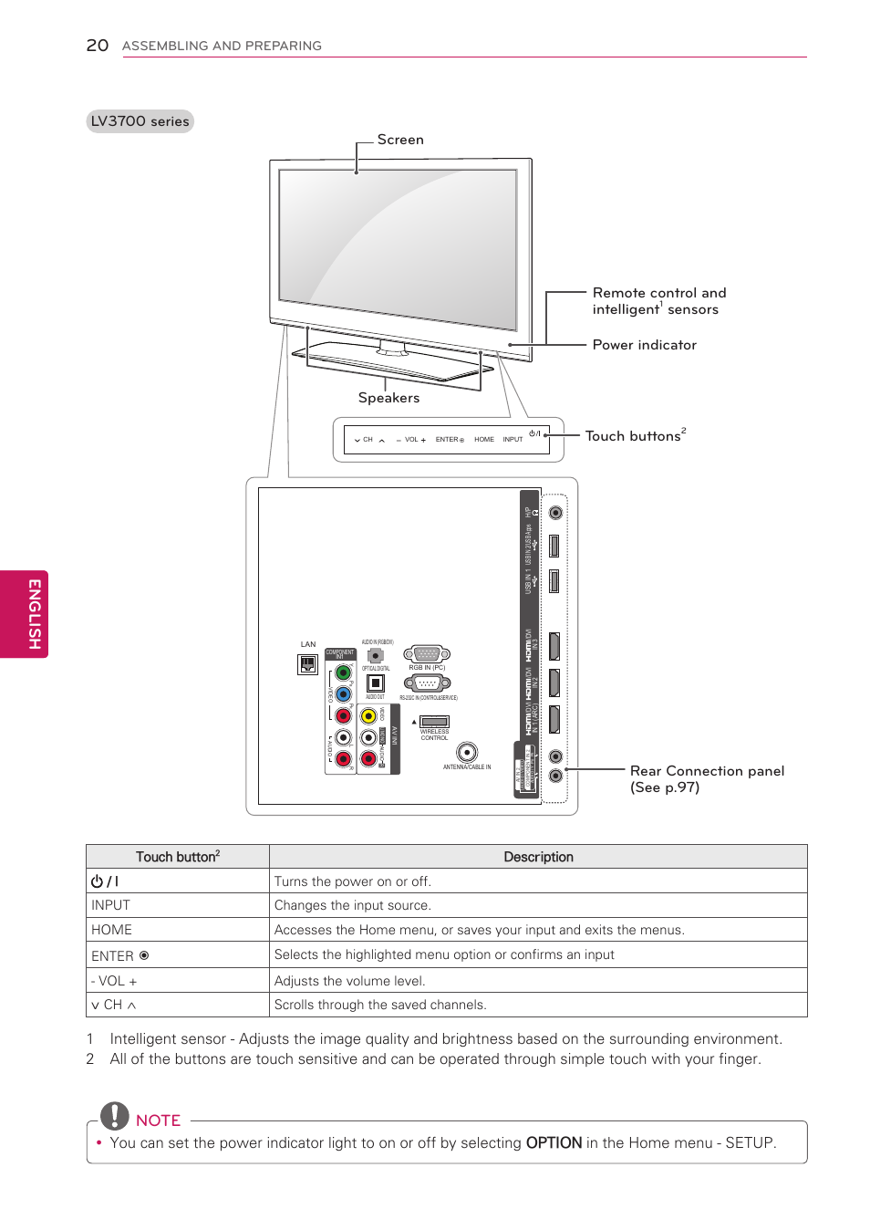 English, Lv3700 series, Speakers screen touch buttons | Sensors power indicator, Touch button, Assembling and preparing | LG 47LV5500 User Manual | Page 20 / 166