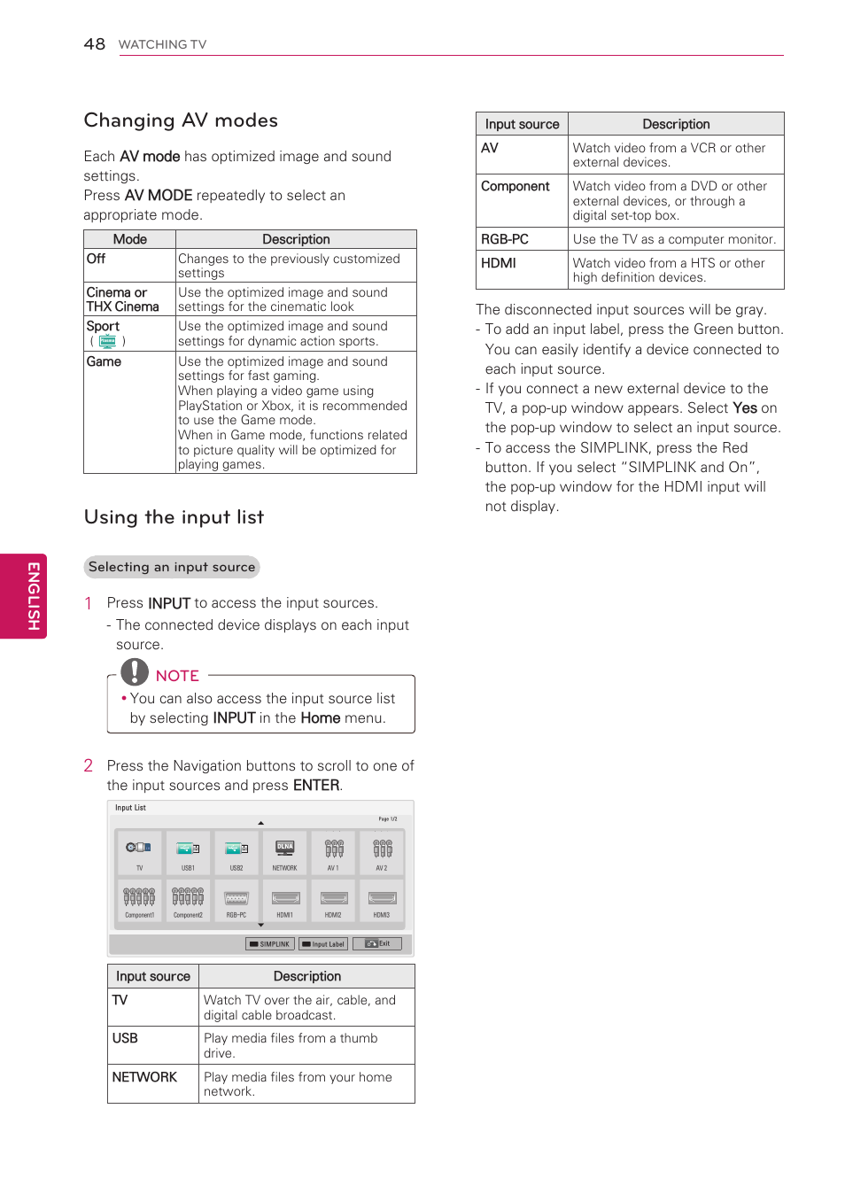 Changing av modes, Using the input list, English | LG 47LV5500 User Manual | Page 48 / 166
