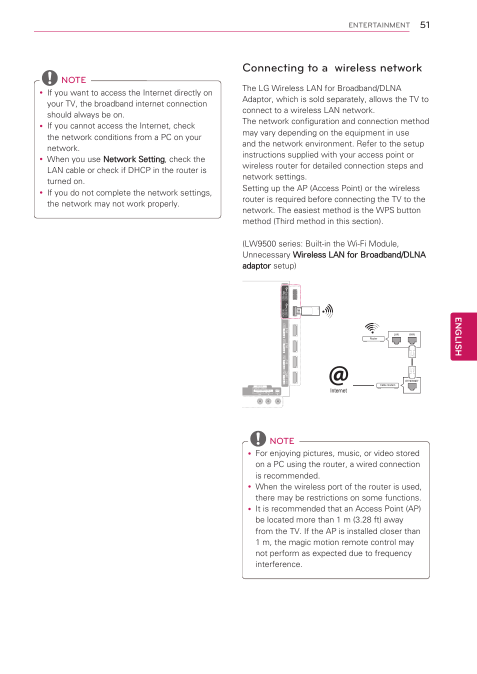 Connecting to a wireless network, English, Entertainment | LG 47LV5500 User Manual | Page 51 / 166