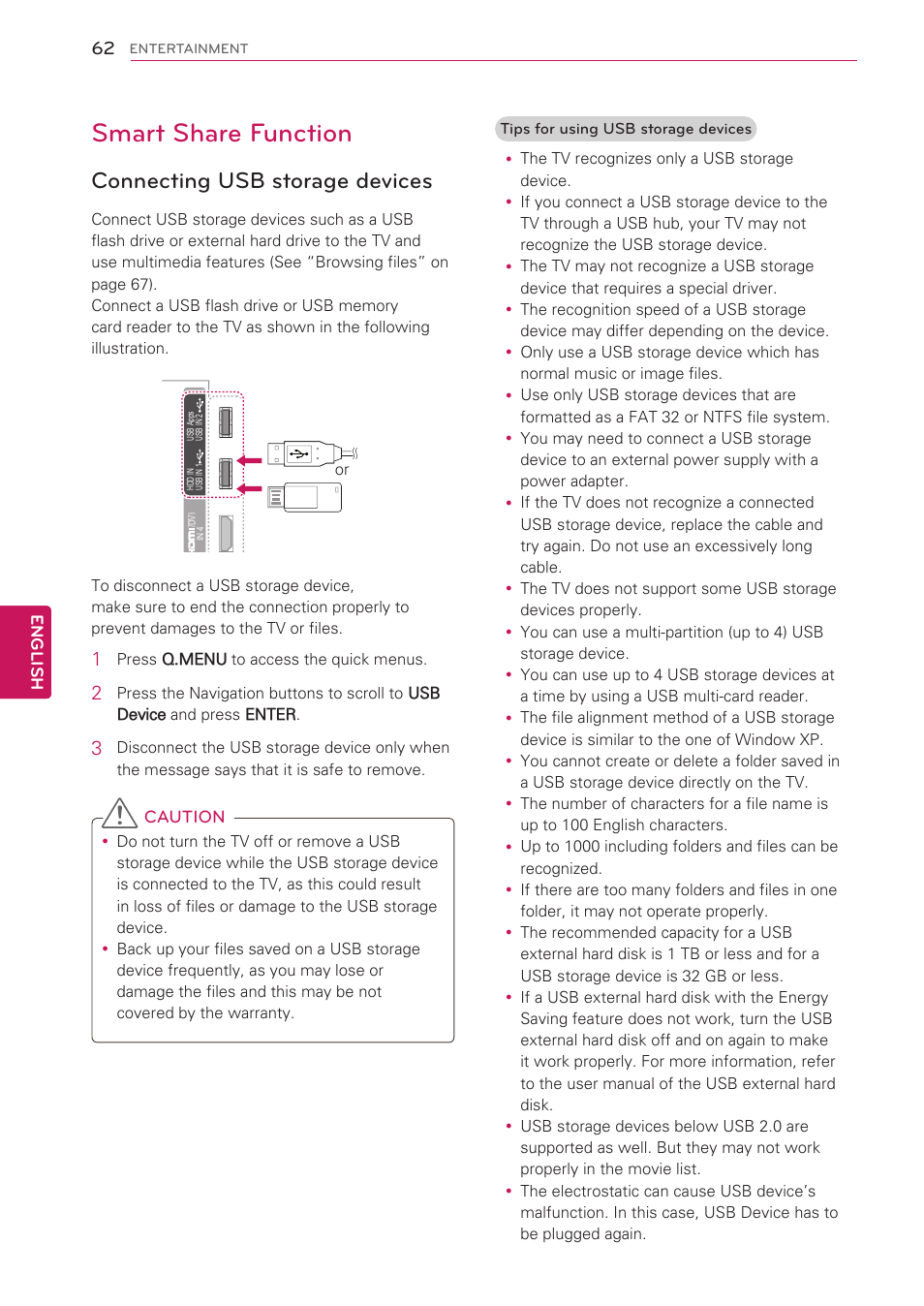 Smart share function, Connecting usb storage devices, Caution | English, Press q.menu to access the quick menus | LG 47LV5500 User Manual | Page 62 / 166