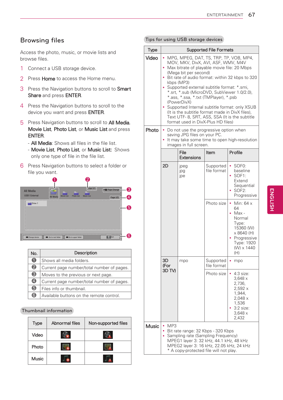 Browsing files, English | LG 47LV5500 User Manual | Page 67 / 166