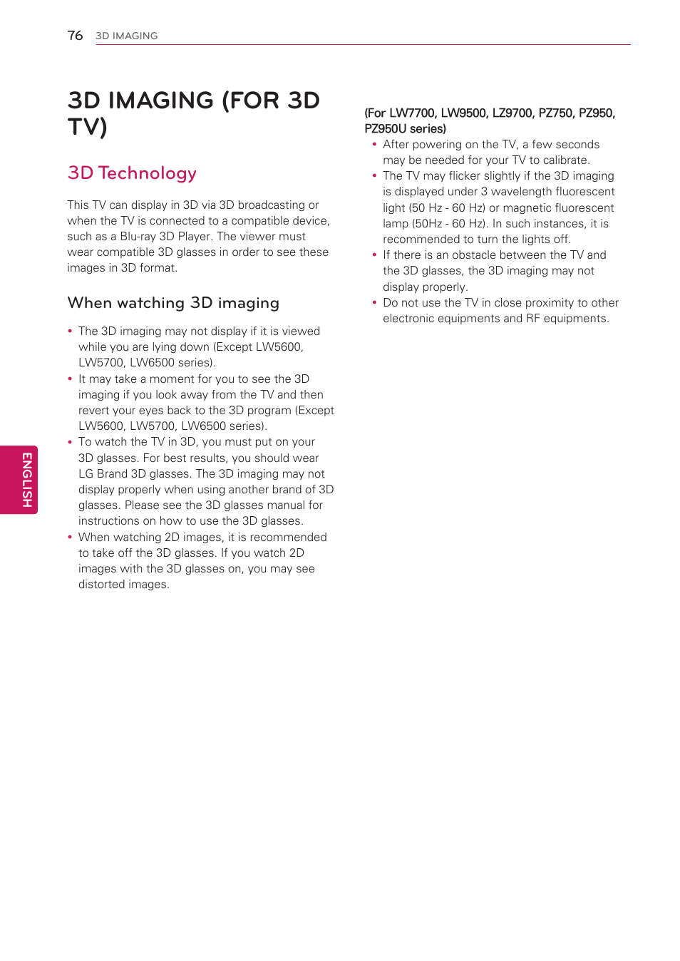 3d imaging (for 3d tv), 3d technology, When watching 3d imaging | 76 3d imaging (for 3d tv) | LG 47LV5500 User Manual | Page 76 / 166