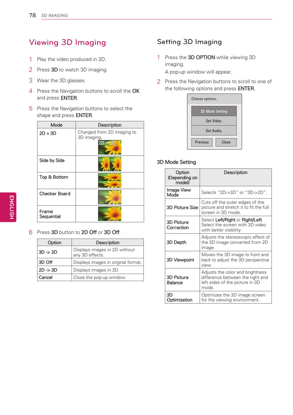Viewing 3d imaging, Setting 3d imaging | LG 47LV5500 User Manual | Page 78 / 166