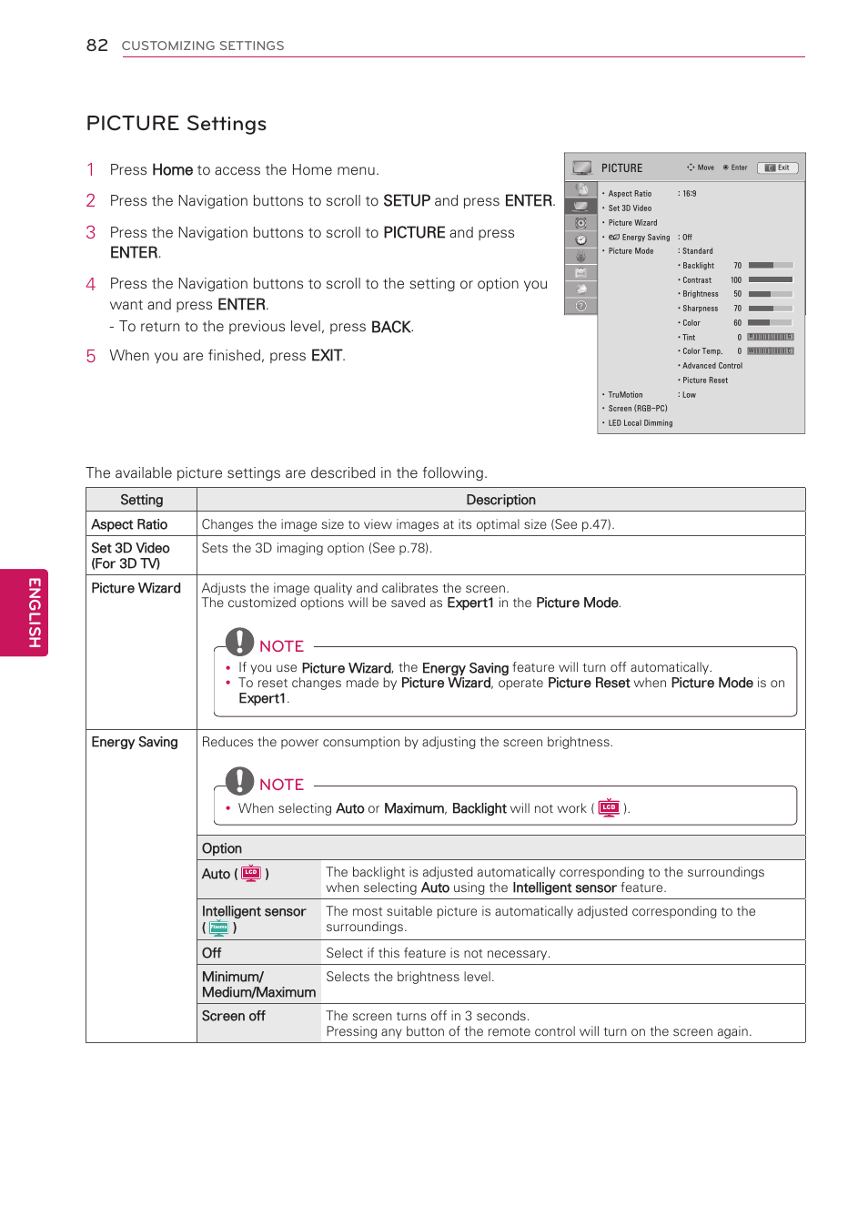 Picture settings, English | LG 47LV5500 User Manual | Page 82 / 166