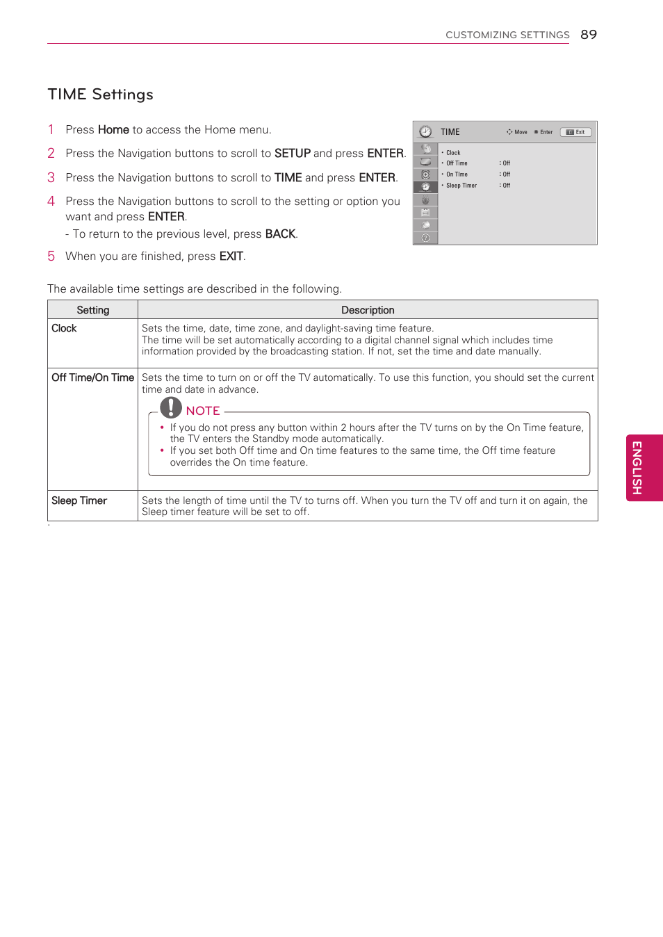 Time settings | LG 47LV5500 User Manual | Page 89 / 166