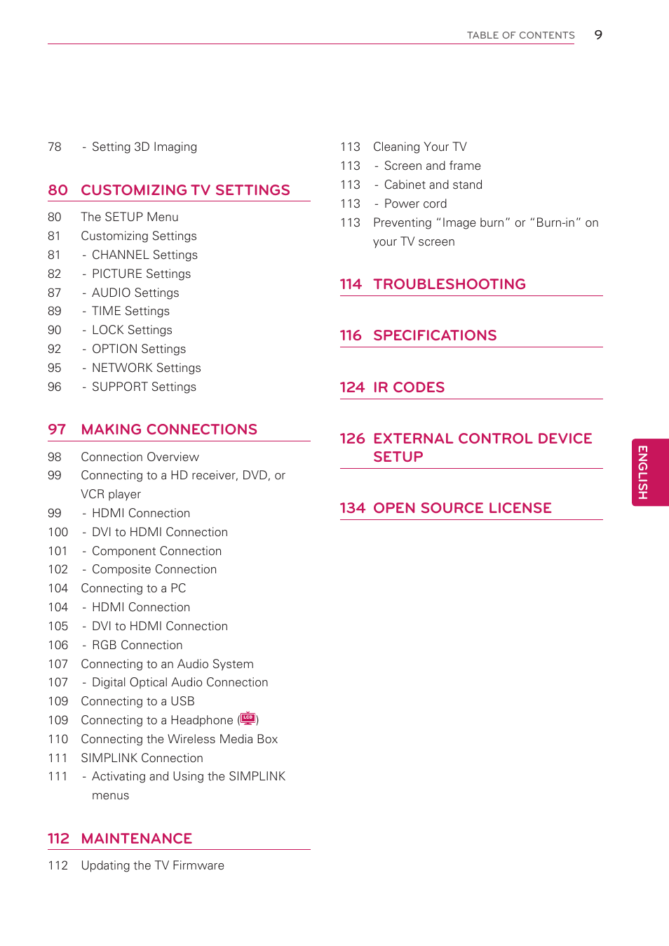 80 customizing tv settings, 97 making connections, 112 maintenance | LG 47LV5500 User Manual | Page 9 / 166
