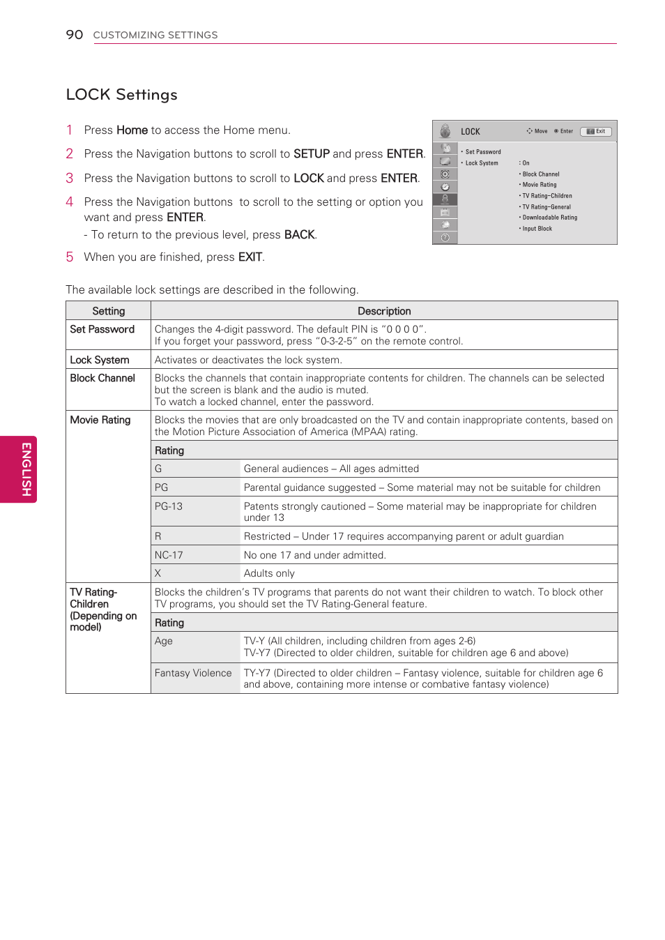 Lock settings, English | LG 47LV5500 User Manual | Page 90 / 166