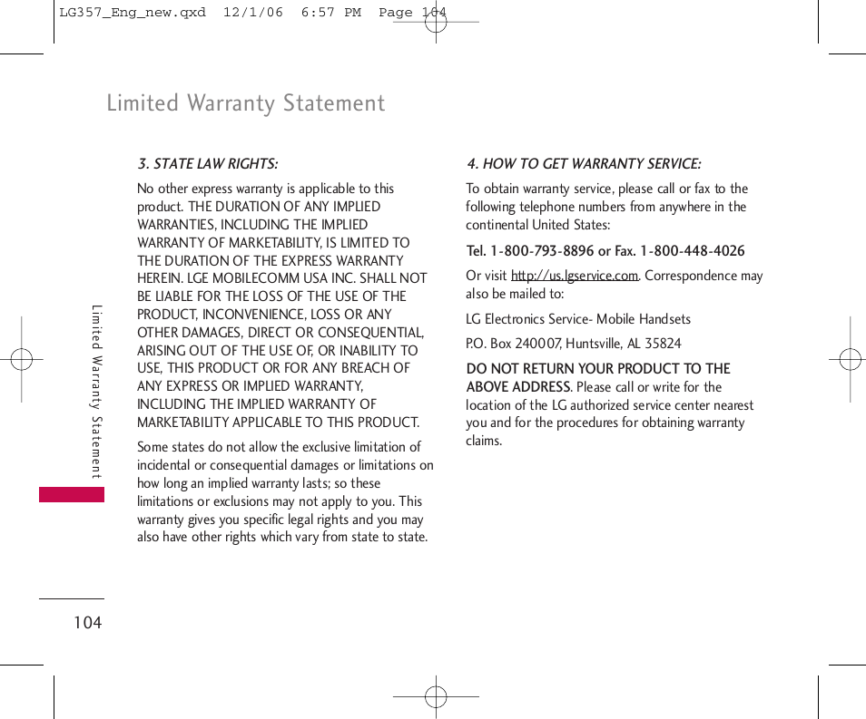 Limited warranty statement | LG LG357 User Manual | Page 104 / 106