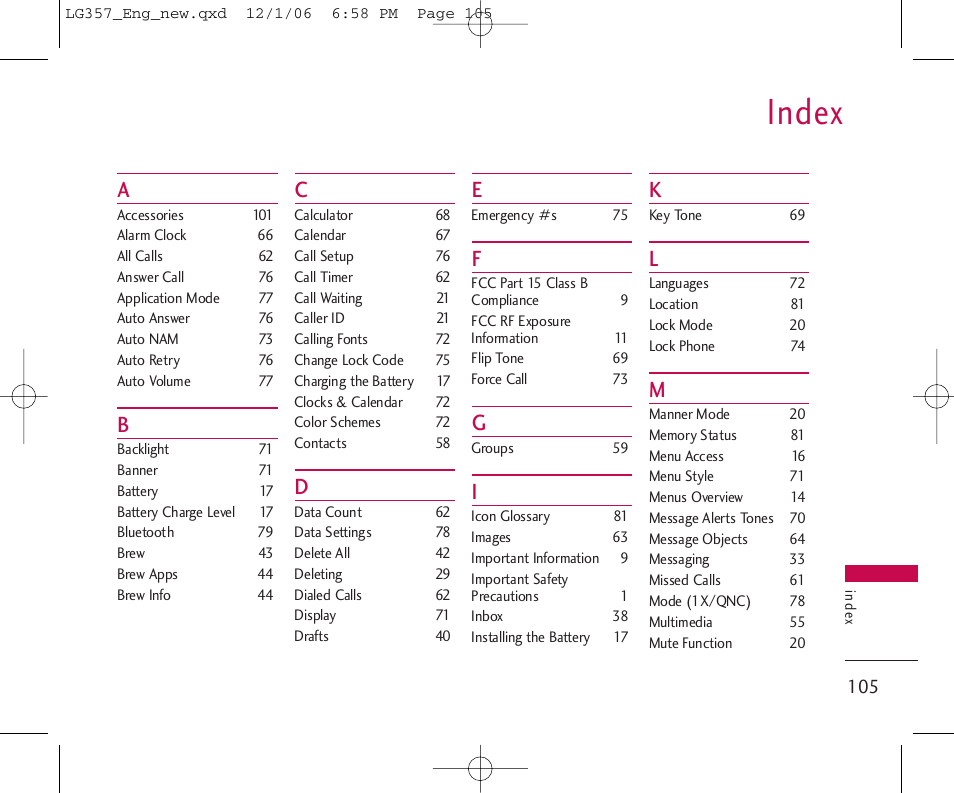 Index | LG LG357 User Manual | Page 105 / 106