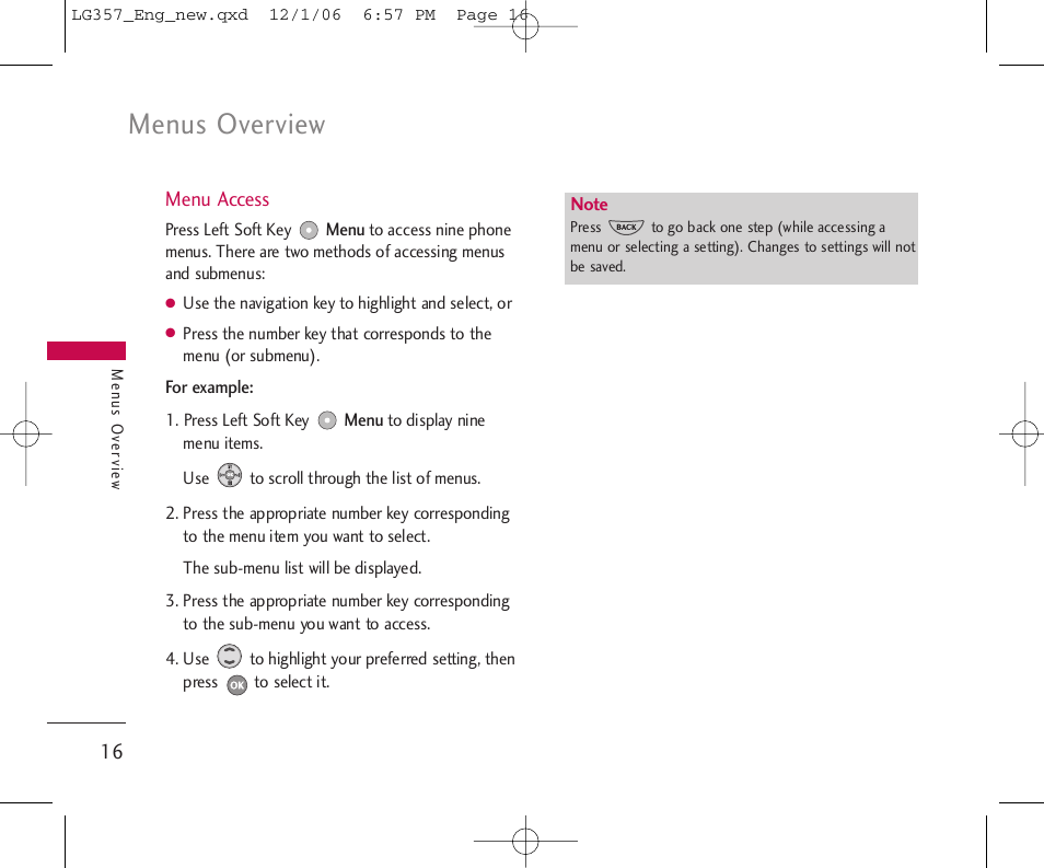 Menus overview | LG LG357 User Manual | Page 16 / 106