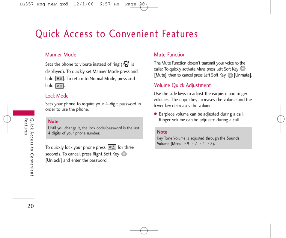 Quick access to convenient features | LG LG357 User Manual | Page 20 / 106