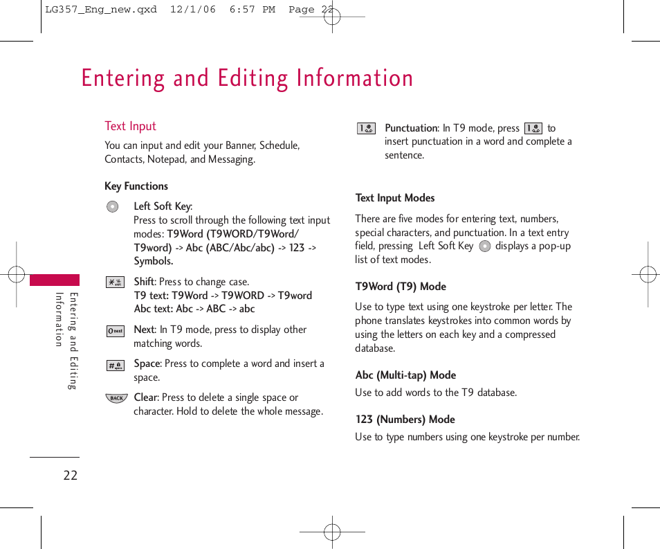 Entering and editing information | LG LG357 User Manual | Page 22 / 106