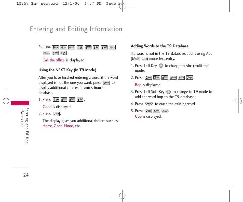 Entering and editing information | LG LG357 User Manual | Page 24 / 106