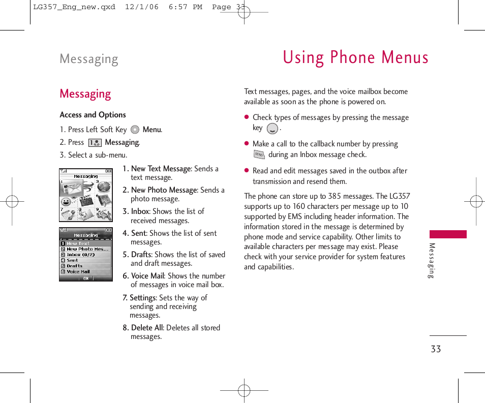 Using phone menus, Messaging | LG LG357 User Manual | Page 33 / 106