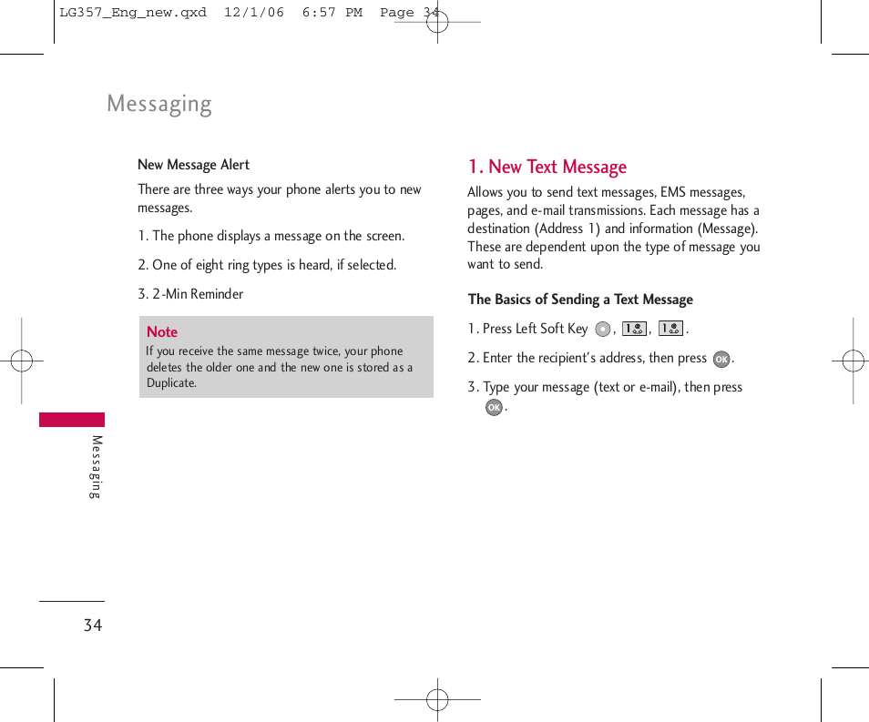 Messaging, New text message | LG LG357 User Manual | Page 34 / 106