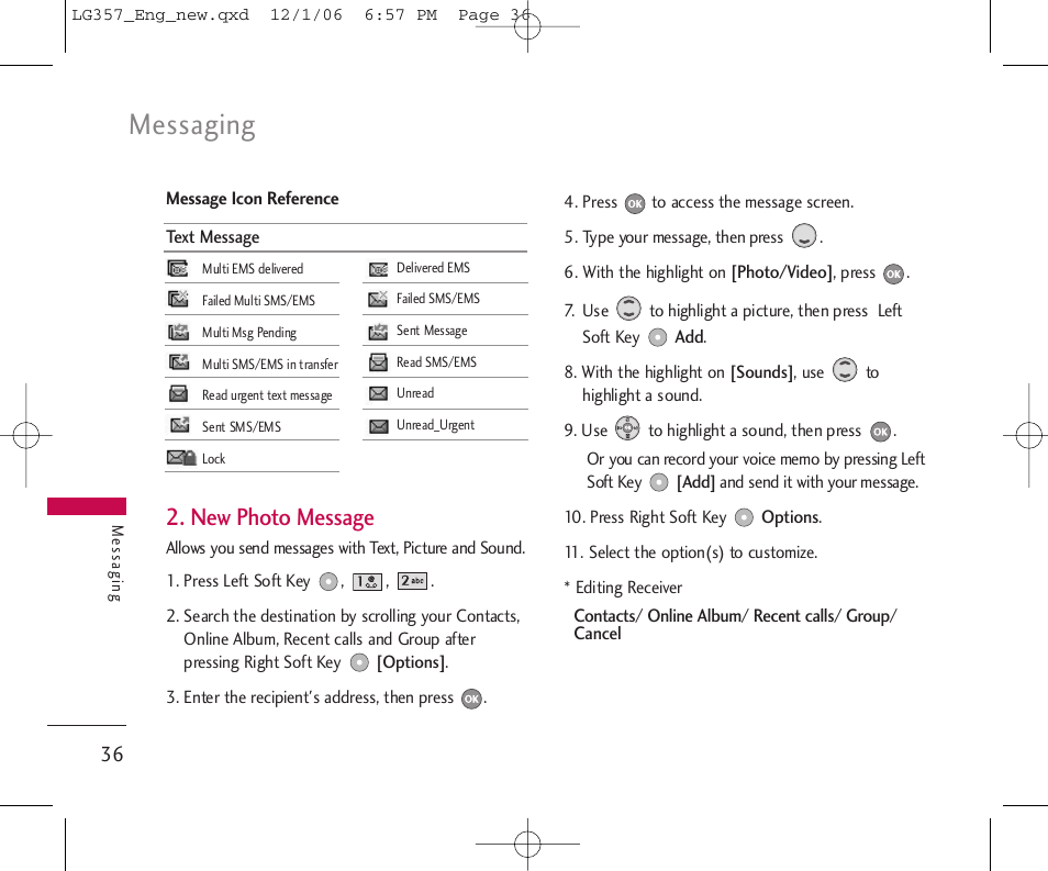 Messaging, New photo message | LG LG357 User Manual | Page 36 / 106