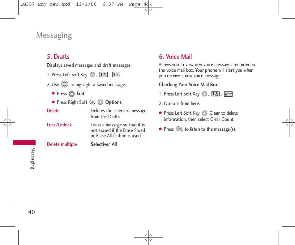 Messaging, Drafts, Voice mail | LG LG357 User Manual | Page 40 / 106