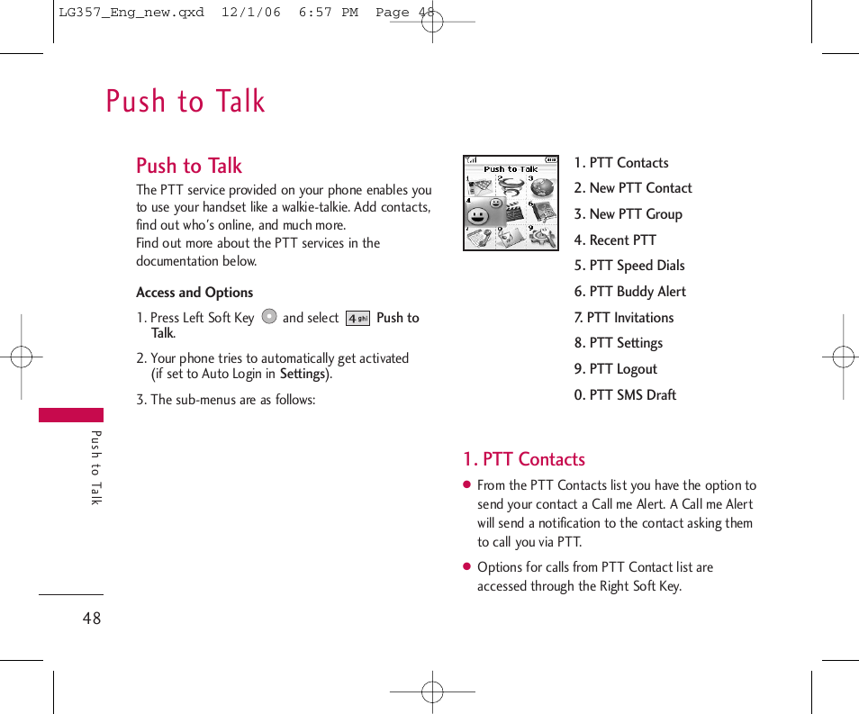 Push to talk, Ptt contacts | LG LG357 User Manual | Page 48 / 106